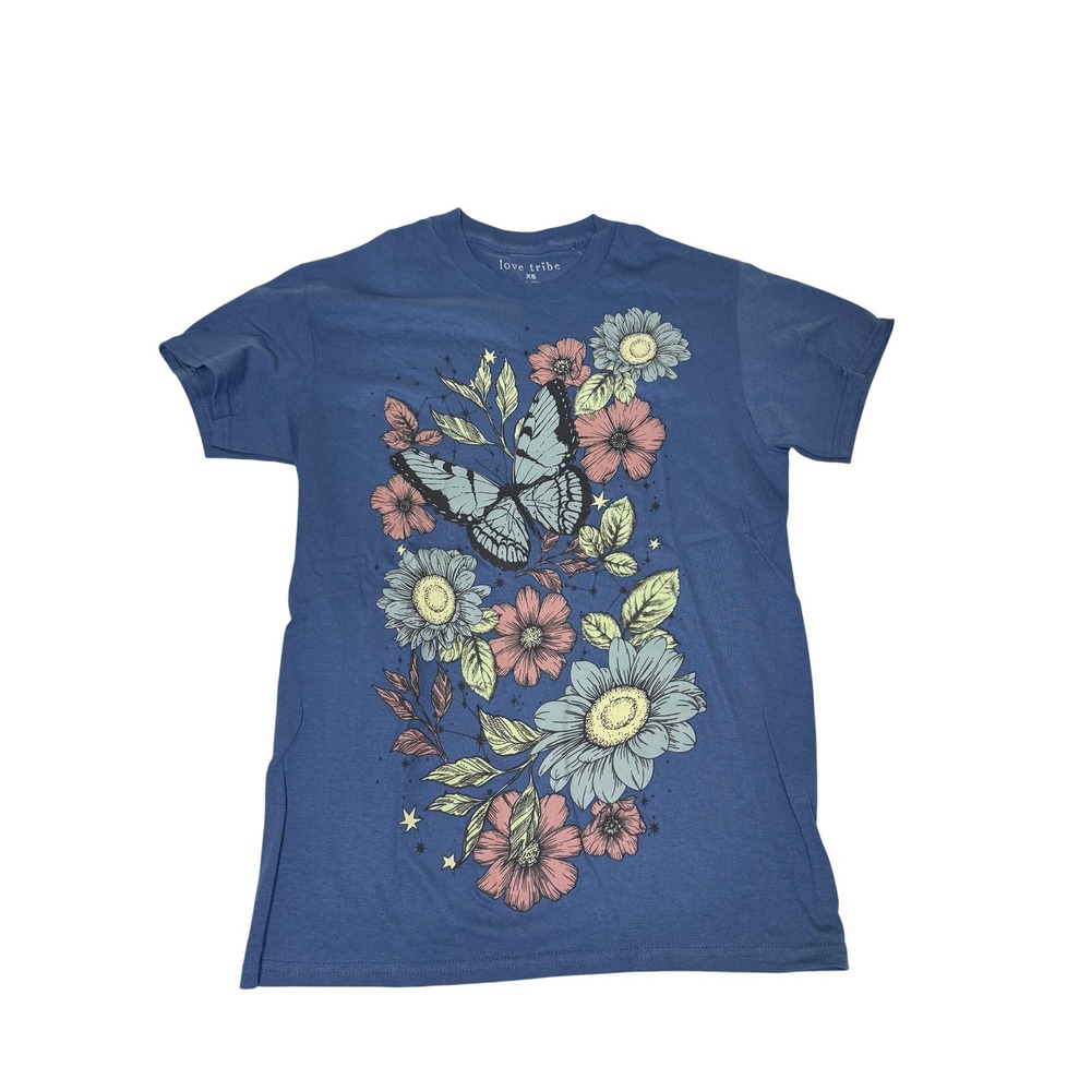 Love Tribe Butterfly Floral Graphic Tee Blue Cotton Short Sleeve T-Shirt XS